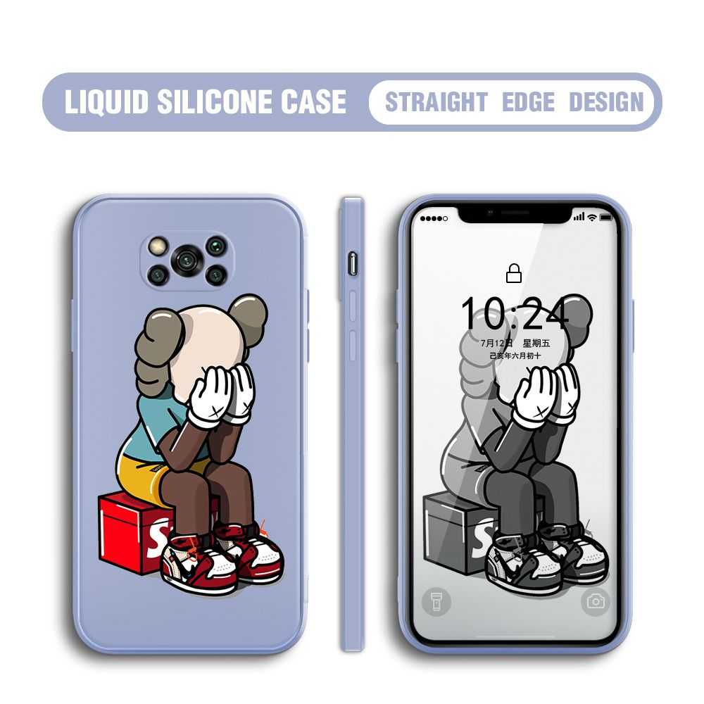 BILI for Xiaomi Poco X3 Pro / Poco X3 NFC Back Cover Lonely Cry bear Multicolor Liquid Silicone Phone Case Soft Square Lens Protection Phone Cases