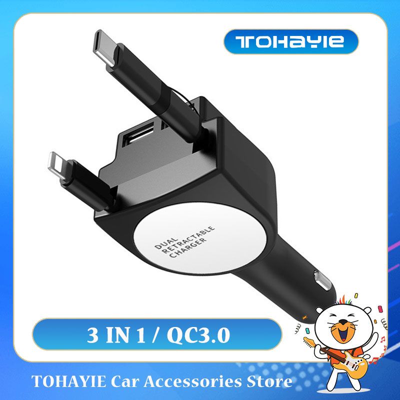 TOHAYIE 4 In1 Retractable Car Charger 12V 3.1A Dual USB Fast Charging QC 3.0 Phone Charger Adapter Car Charger with Lightning TYP-C Micro USB Charging Cable