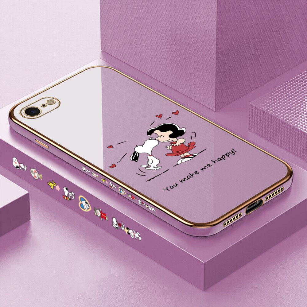 Luxury 6D Plating Case for iPhone 8 Happy Cartoon Puppy Side Pattern Back Cover Soft Silicone Square Frame Shiny Bling Phone Cases + Free Lanyard
