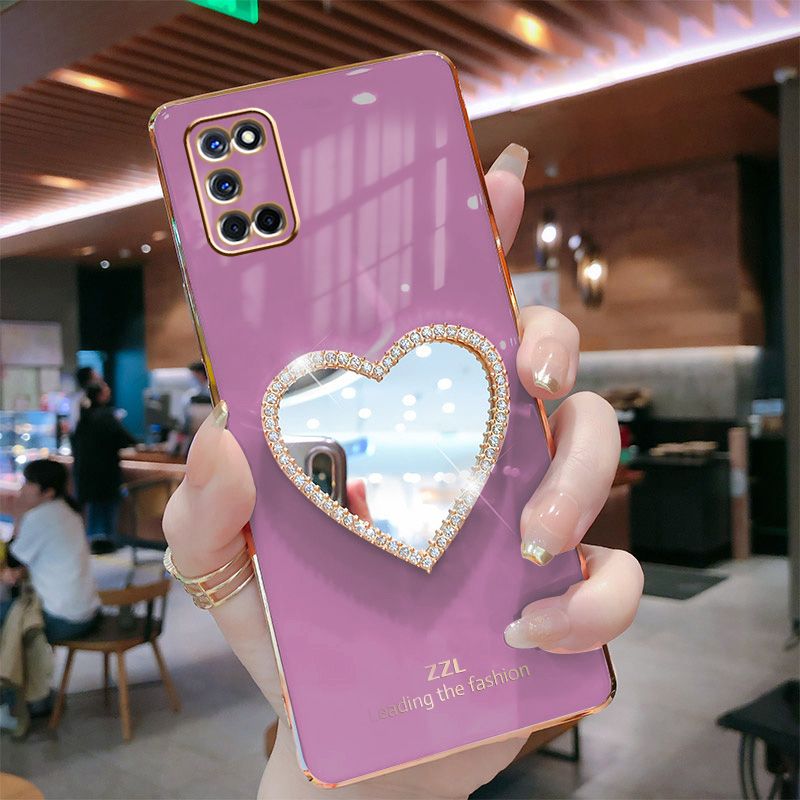 For OPPO Reno4 / OPPO Reno 4 Cover with Makeup Mirror Shiny Plating Square Bumper Girls Phone Case Soft TPU Silicone Shockproof Protective Back Cover
