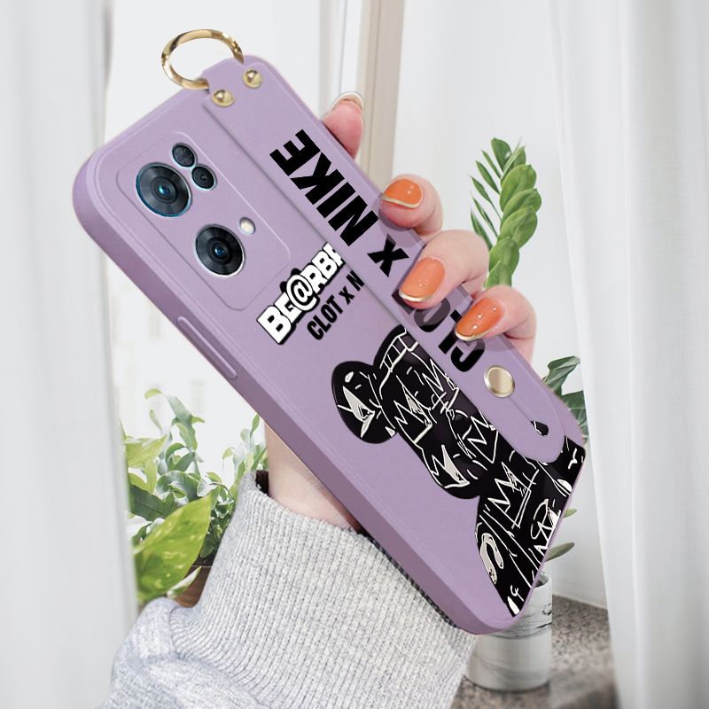 Jizetin for OPPO Reno7 Pro 5G Back Cover Fashion Black Brand Bear Wrist Strap Phone Case Candy Color shock proof Protective Phone Cases
