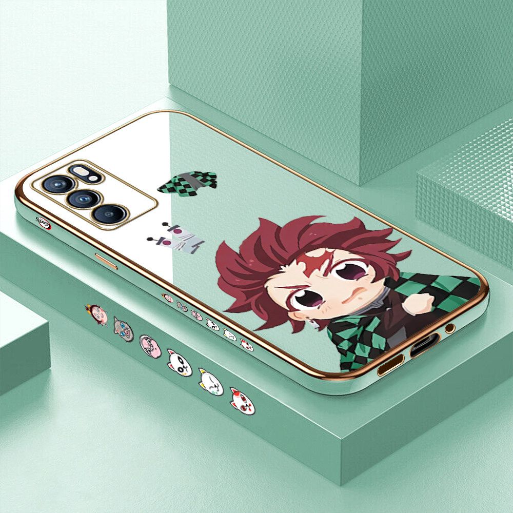 Luxury 6D Plating Case for OPPO Reno6 5G Cartoon Anime Tanjirou Side Pattern Back Cover Soft Silicone Square Frame Shiny Bling Phone Cases + Free Lanyard