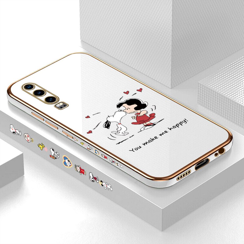 Luxury 6D Plating Case for Huawei P30 Happy Cartoon Puppy Side Pattern Back Cover Soft Silicone Square Frame Shiny Bling Phone Cases + Free Lanyard