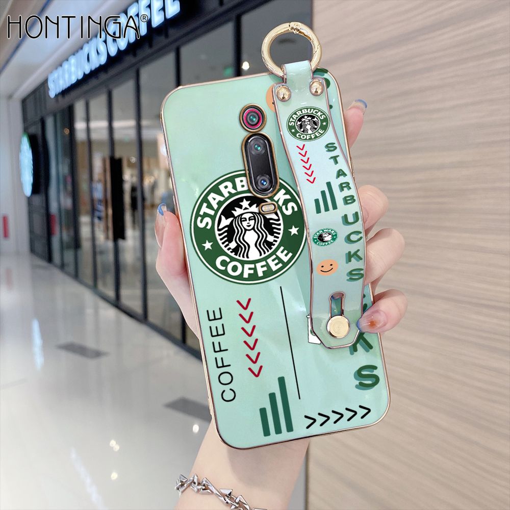 Hontinga for Redmi K20 / K20 Pro / Xiaomi 9T / 9T Pro Back Cover With Wristband Luxury 6D Plating Coffee Sign Case Soft Silicone Square Phone Cases