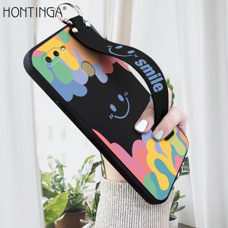 Hontinga for A5S A7 A12 A12S Wrist Strap Case Soft Candy Color Splash Ink Cover Trend Square Printed Pattern Liquid Silicone Phone Case