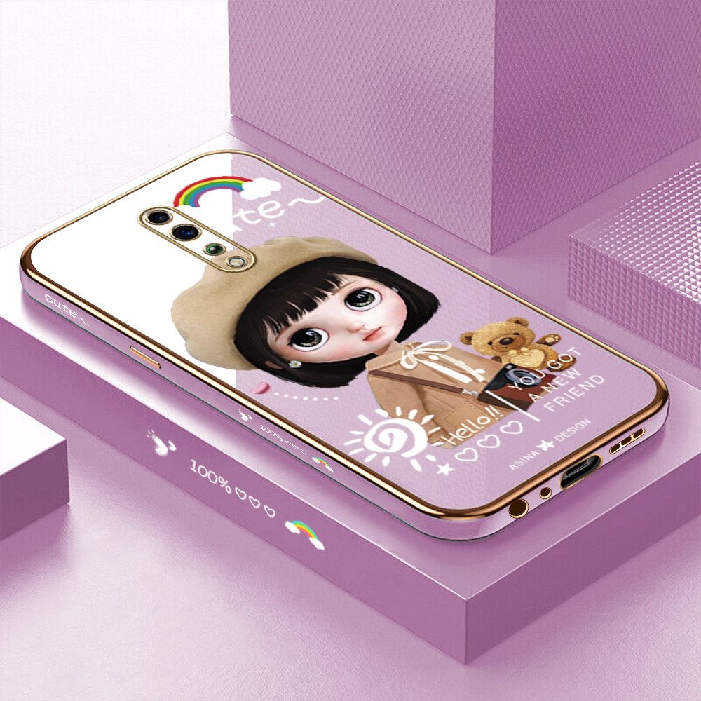 Luxury 6D Plating Soft Casing Silicone Square Frame Phone Case For OPPO Reno Z Case Shiny Bling Back Cover Cute Girl With Shoulder Bag Square Edge Pattern Design Soft Case + Free Lanyard