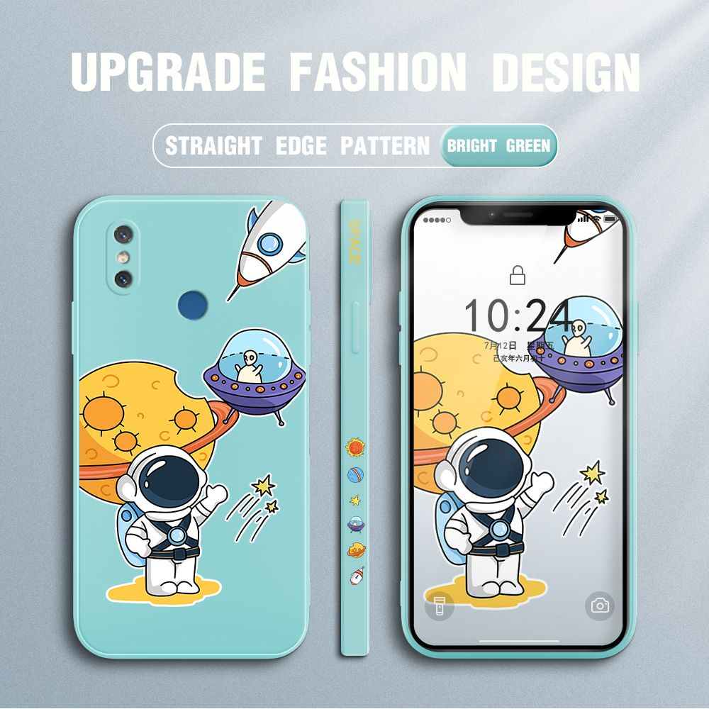 Jizetin for Xiaomi Mi 8 Case Side Design Phone Cover Moon Space Astronaut Cover Square Edge Pattern Liquid Silicone Trend Case