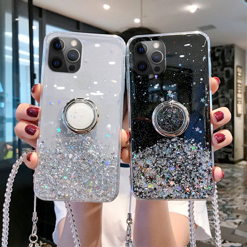 Casinglee for iPhone 12 case Shiny Ring Glitter Soft Transparent Holder Stand Back cover with String for Apple iPhone12 cases cover Stars Moon Girls