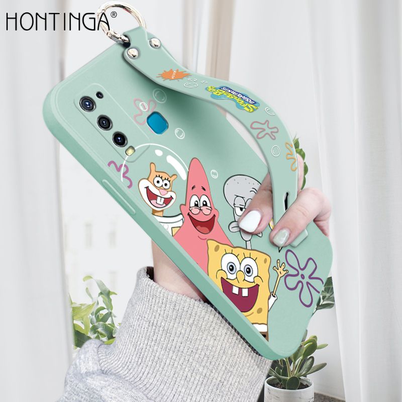 Hontinga for Vivo Y30 Wrist Strap Case Cute Cute Funny Cartoon Sponge for Square Pants Cover Square Edge Liquid Silicone Anti-drop Phone Case