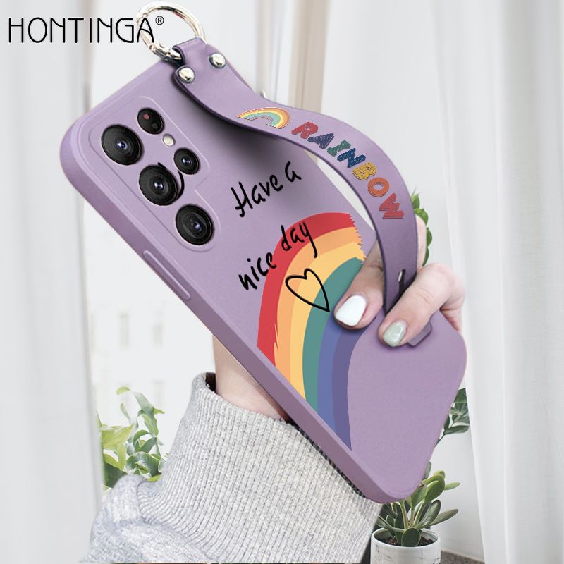 Hontinga for Samsung S22 Ultra 5G Back Cover Wrist Strap Lovely Graffiti Rainbow Smile Case Square Printed Pattern Liquid Silicone Phone Cases