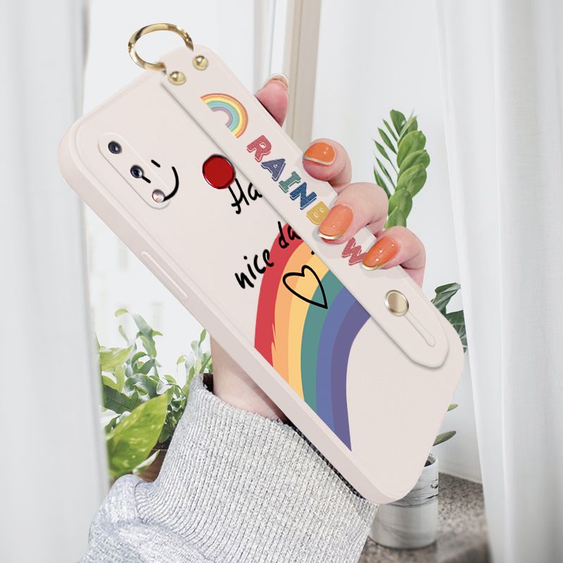 Jizetin for Samsung Galaxy A10S Wrist Strap Case INS Style Smile Rainbow Cover Ultra Thin Anti Fall Liquid Silicone Phone Case