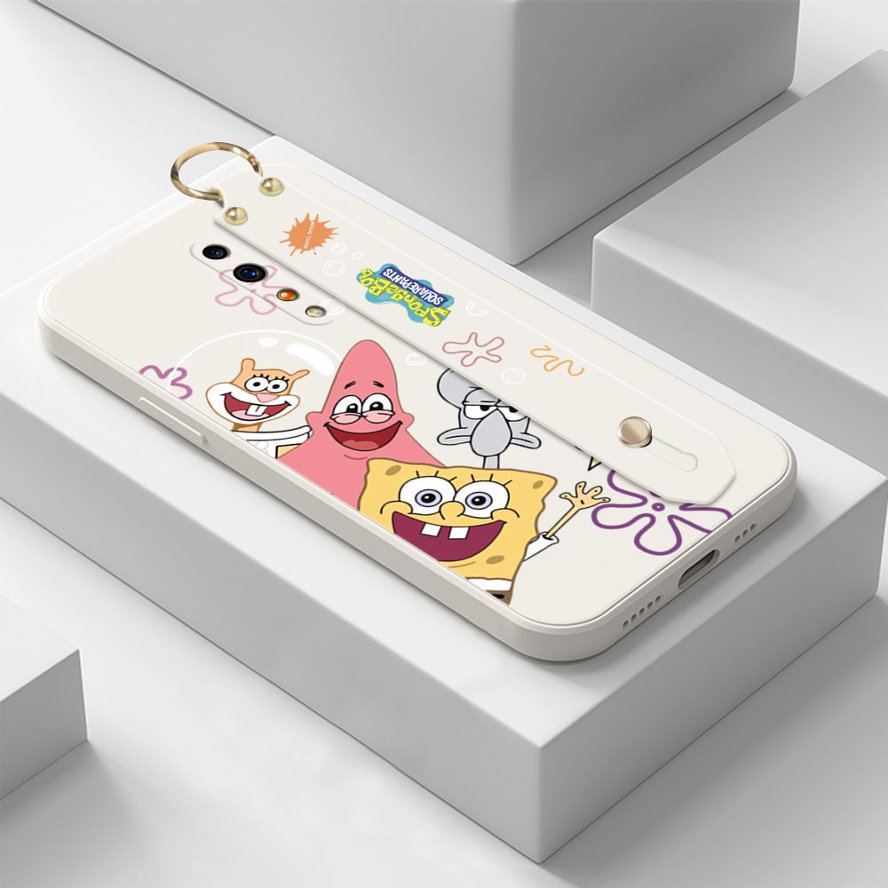 ZeroQiQi for OPPO Reno Z Wrist Strap Case Cute Cute Funny Cartoon Sponge for Square Pants Cover Square Edge Liquid Silicone Anti-drop Phone Case