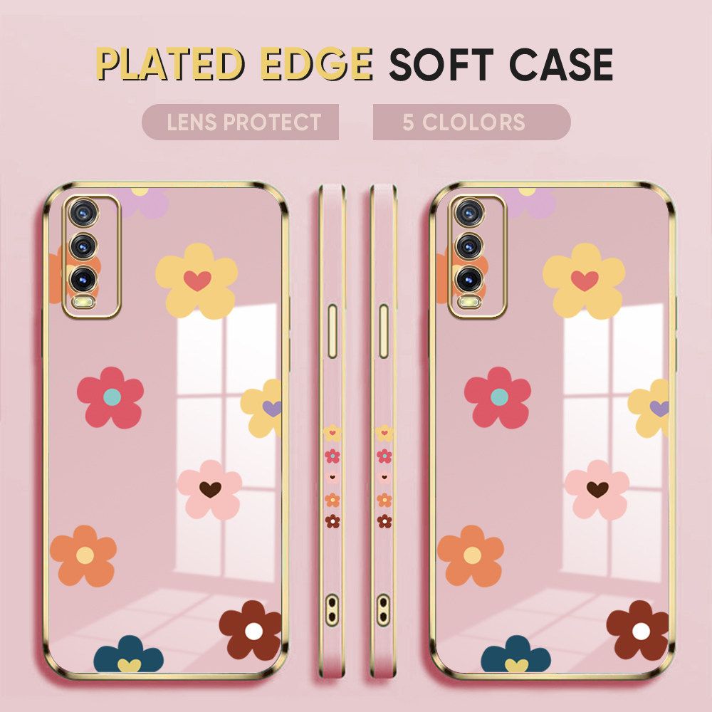 Luxury 6D Plating Case for Vivo Y20i Phone Cases Color Cartoon Flowers Side Print Soft Silicone Square Back Cover