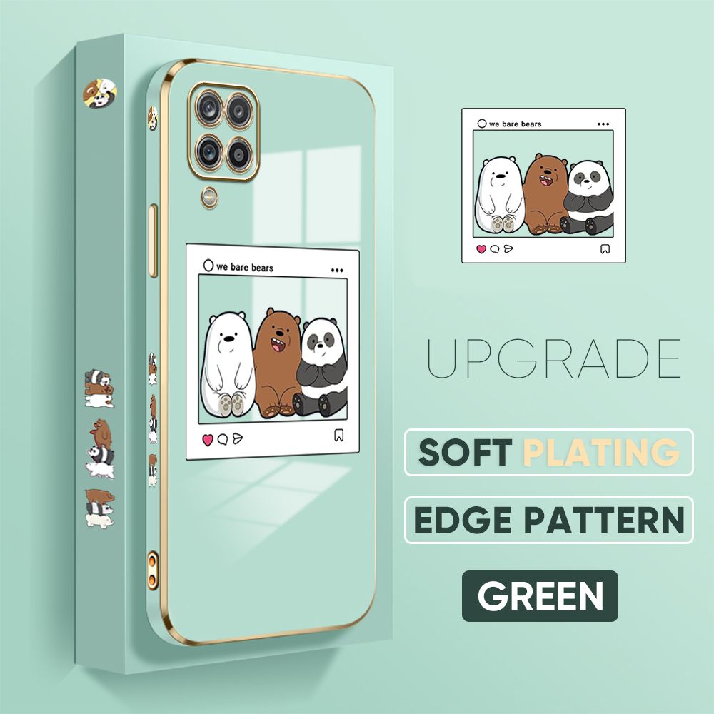 Jizetin (Free Lanyard) Samsung A12 / A12 5G / M12 Cover Bears Photo Luxury 6D Plating Soft Casing Silicone Square Frame Phone Case Shiny Bling Back Cover