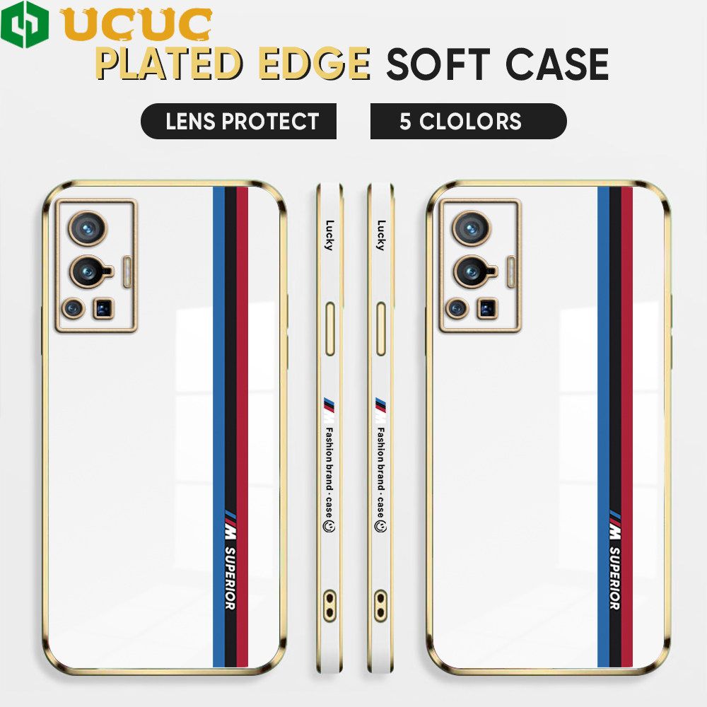 UCUC for Vivo X70 Pro 5G Back Cover + Free Lanyard Track Sign Luxury 6D Plating Case Side Pattern Soft Silicone Square Phone Cases
