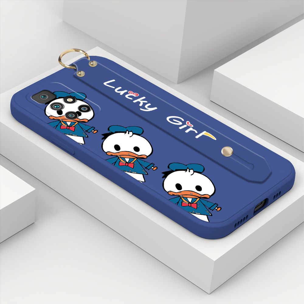 ZeroQiQi for Xiaomi Redmi 10 Wrist Strap Case Cute Cartoon Little Duck Phone Case Square Edge Liquid Silicone Case Full Cover Camera Shockproof Protective Cases