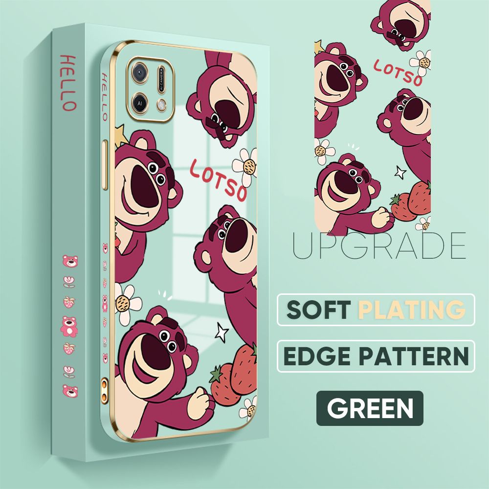 TA for OPPO A16K A16E Back Cover + Free Lanyard Cute Bear Luxury 6D Plating Case Side Pattern Soft Silicone Square Phone Cases