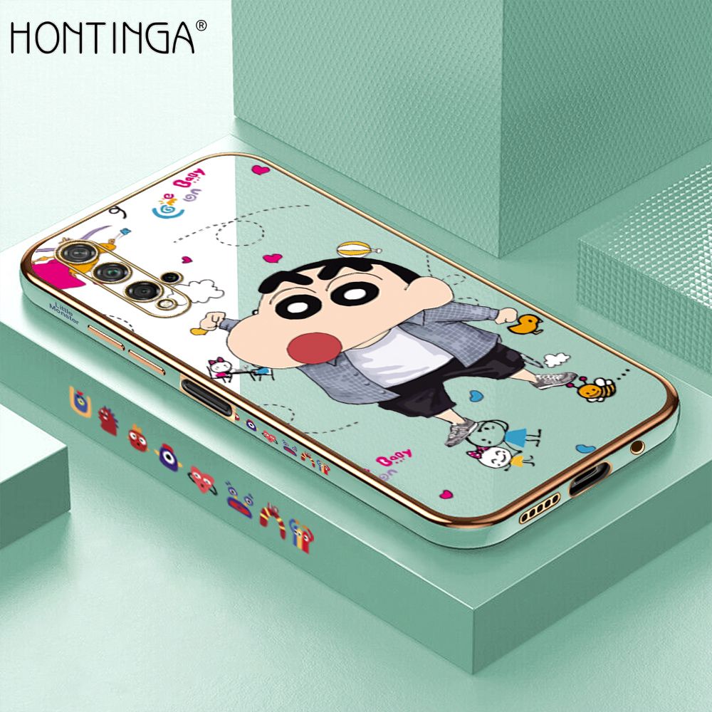 Hontinga for Honor 20 / Huawei Nova 5T Back Cover + Free Lanyard Luxury 6D Plating Cartoon Crayon Shin-chan Side Pattern Case Soft Silicone Square Phone Cases