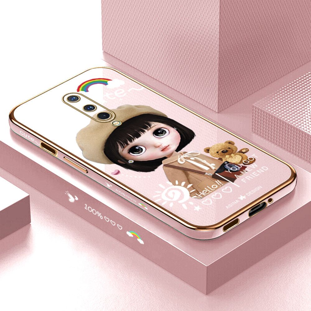 Luxury 6D Plating Soft Casing Silicone Square Frame Phone Case For OnePlus 8 Case Shiny Bling Back Cover Cute Girl With Shoulder Bag Square Edge Pattern Design Soft Case + Free Lanyard