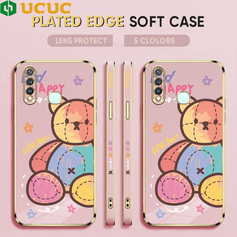 UCUC for Vivo Y19 Back Cover + Free Lanyard Colorful Muppet Bear Luxury 6D Plating Case Side Pattern Soft Silicone Square Phone Cases
