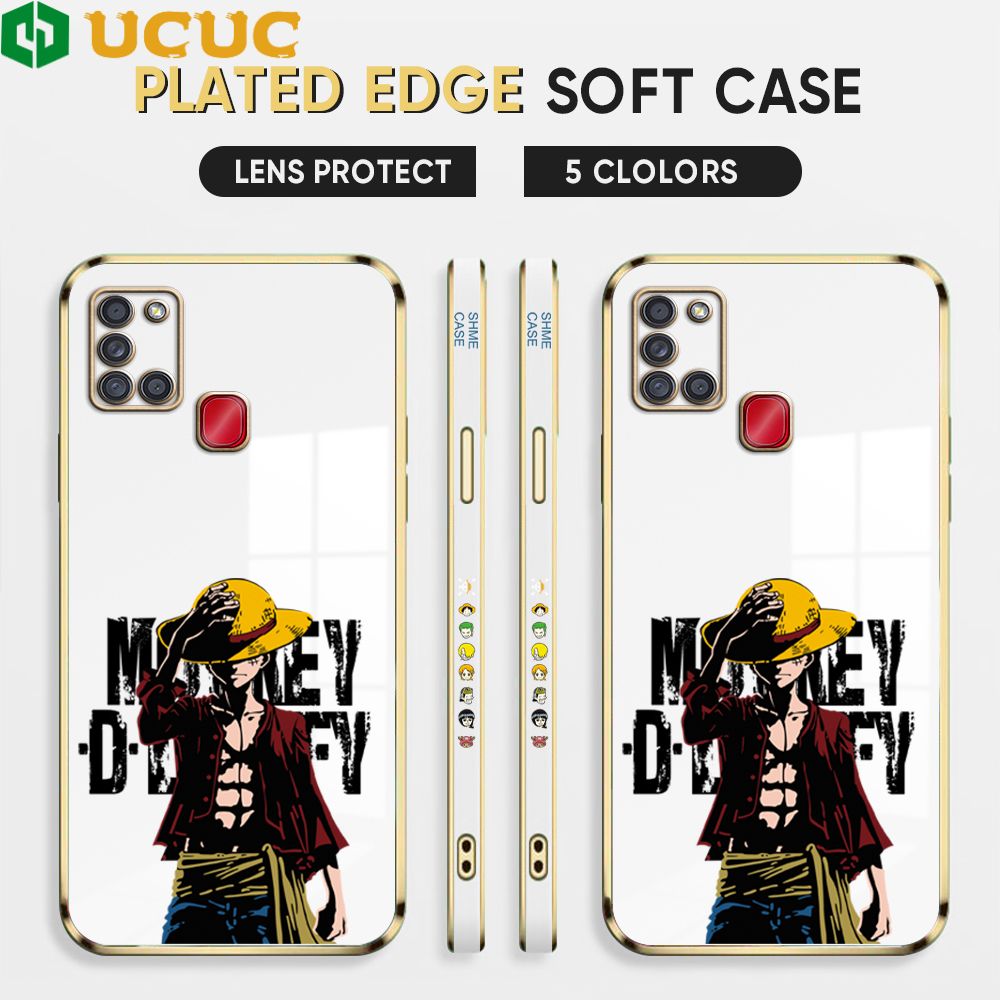UCUC for Samsung A21S Cover Holding Cap Luffy Luxury 6D Plating Soft Casing Silicone Square Frame Phone Case Shiny Bling Back Cover + Free Lanyard