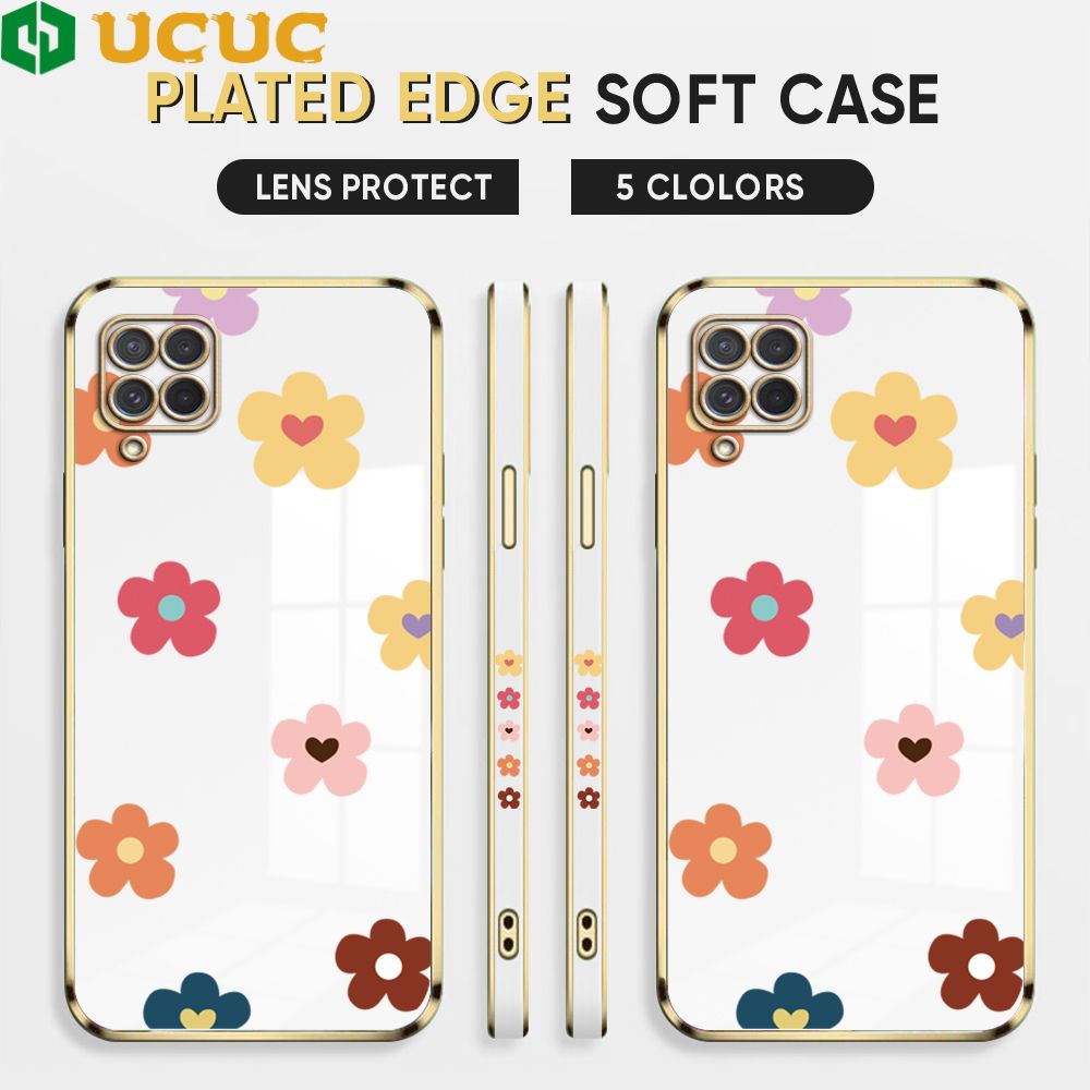 UCUC for Samsung Galaxy M62 F62 Back Cover + Free Lanyard INS Style Flower Luxury 6D Plating Case Side Pattern Soft Silicone Square Phone Cases