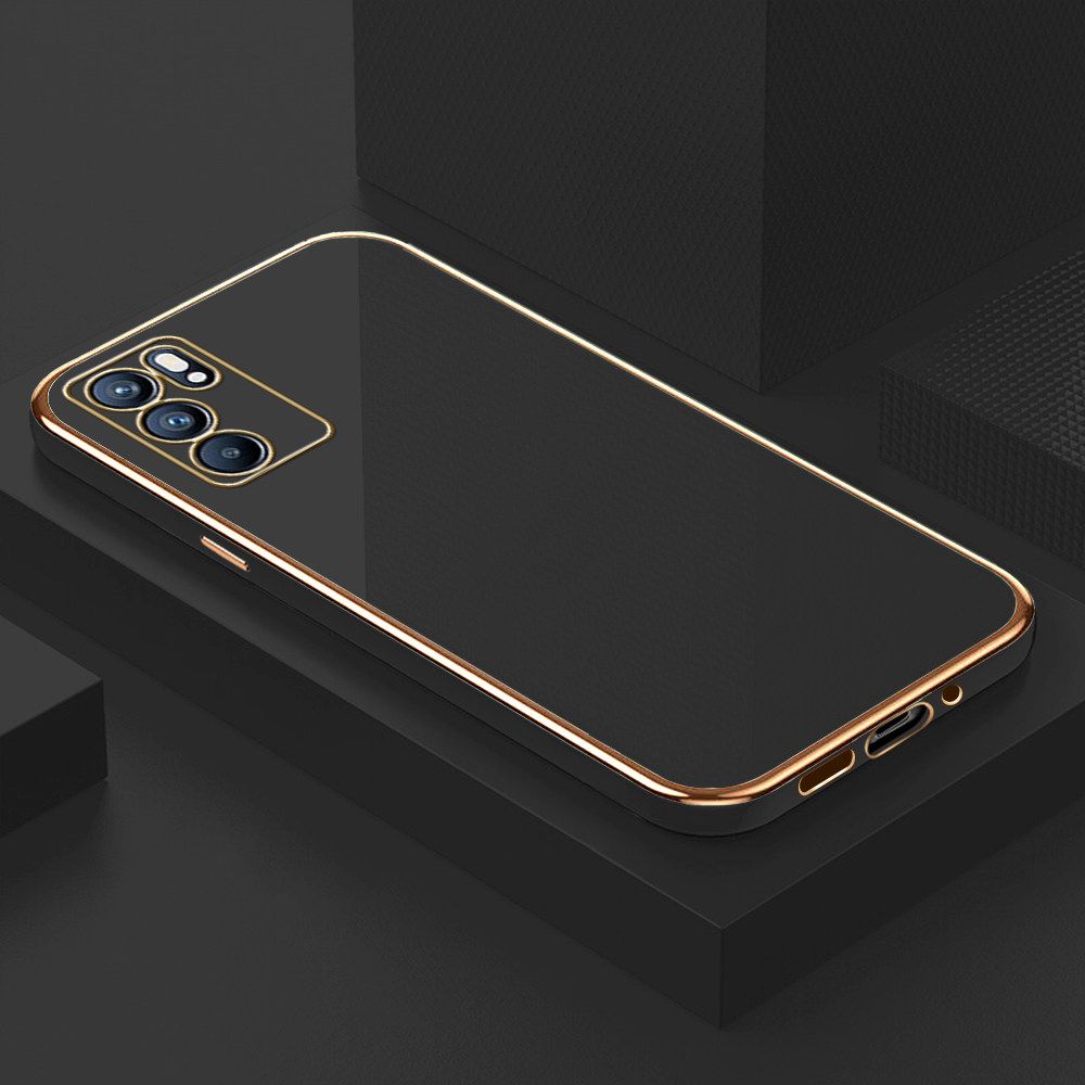 Luxury 6D Plating Soft Casing Silicone Square Frame Phone Case For OPPO Reno6 5G Case Shiny Bling Back Cover + Free Lanyard