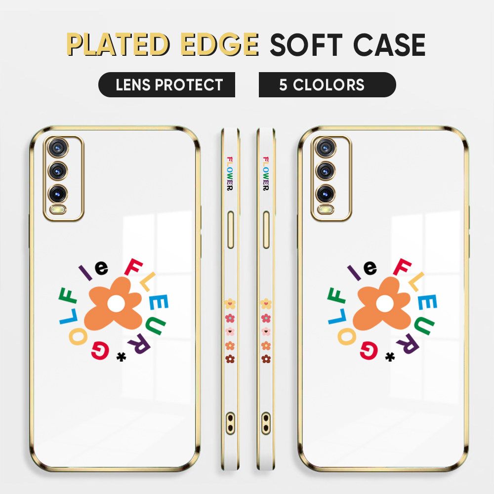 Luxury 6D Plating Case for Vivo Y20S Phone Cases Cartoon Flower Side Print Soft Silicone Square Back Cover