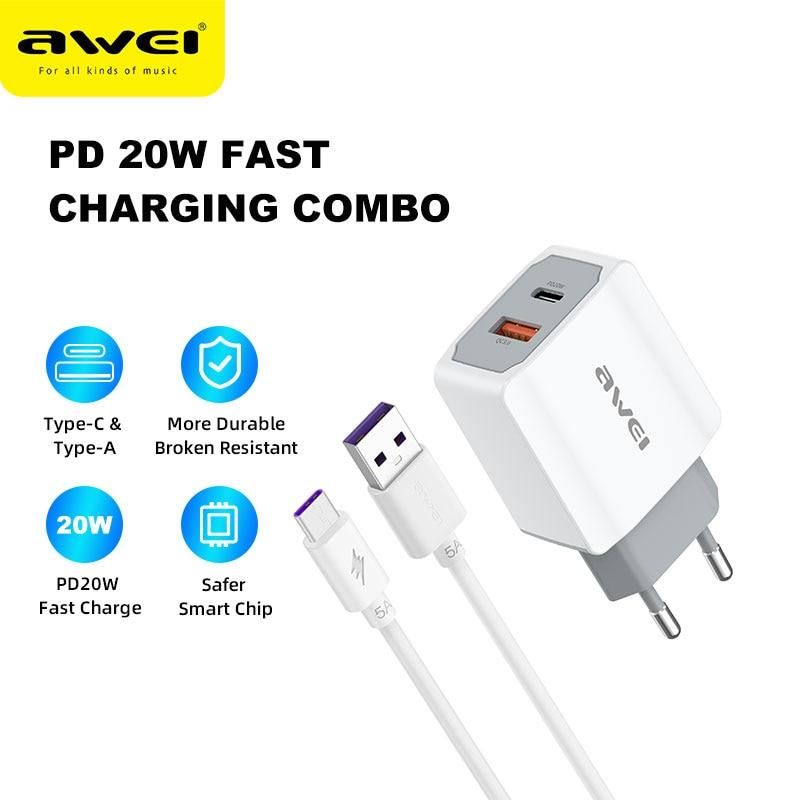 AWEI PD4 20W PD Phone Charger Type-C and Qi Fast Charging Built with 5A Quick Phone Charge Cable