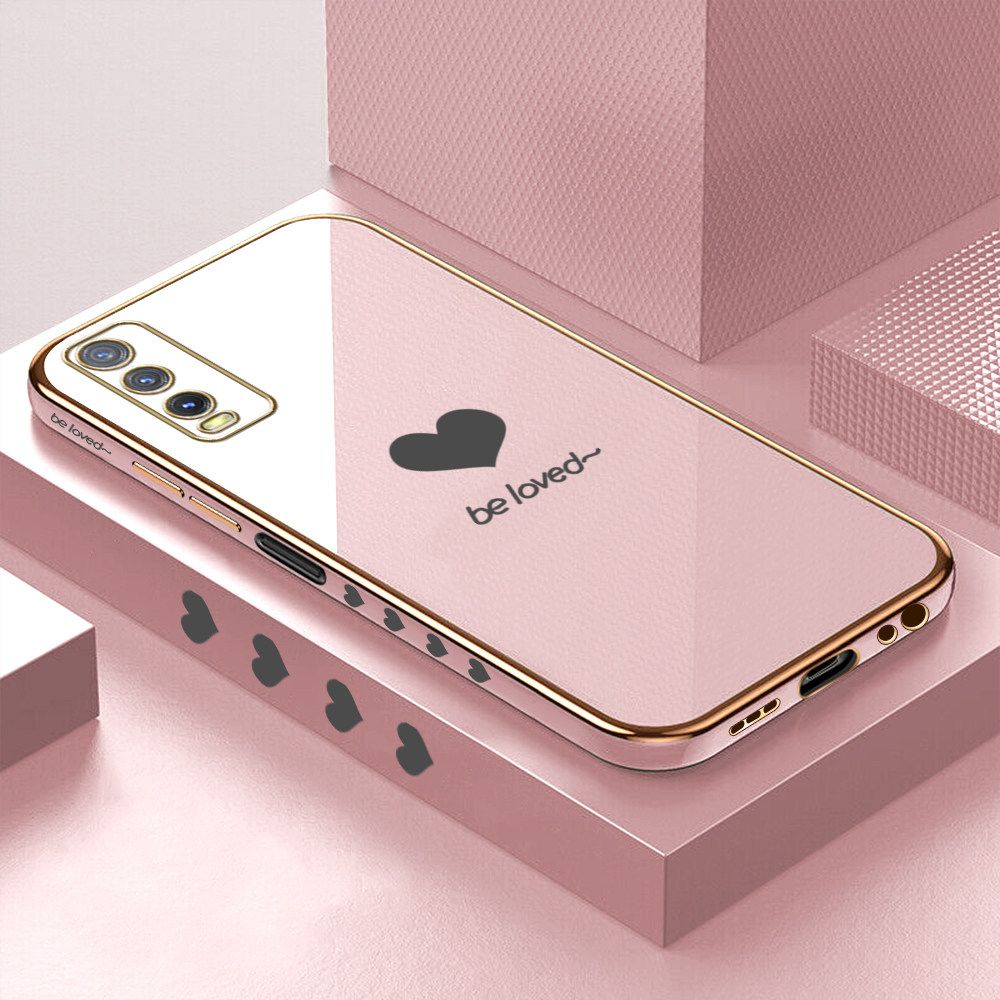 Luxury 6D Plating Soft Casing Silicone Square Frame Phone Case For Vivo Y12A Case Shiny Bling Back Cover Lover Heart Square Edge Pattern Design Soft Case + Free Lanyard