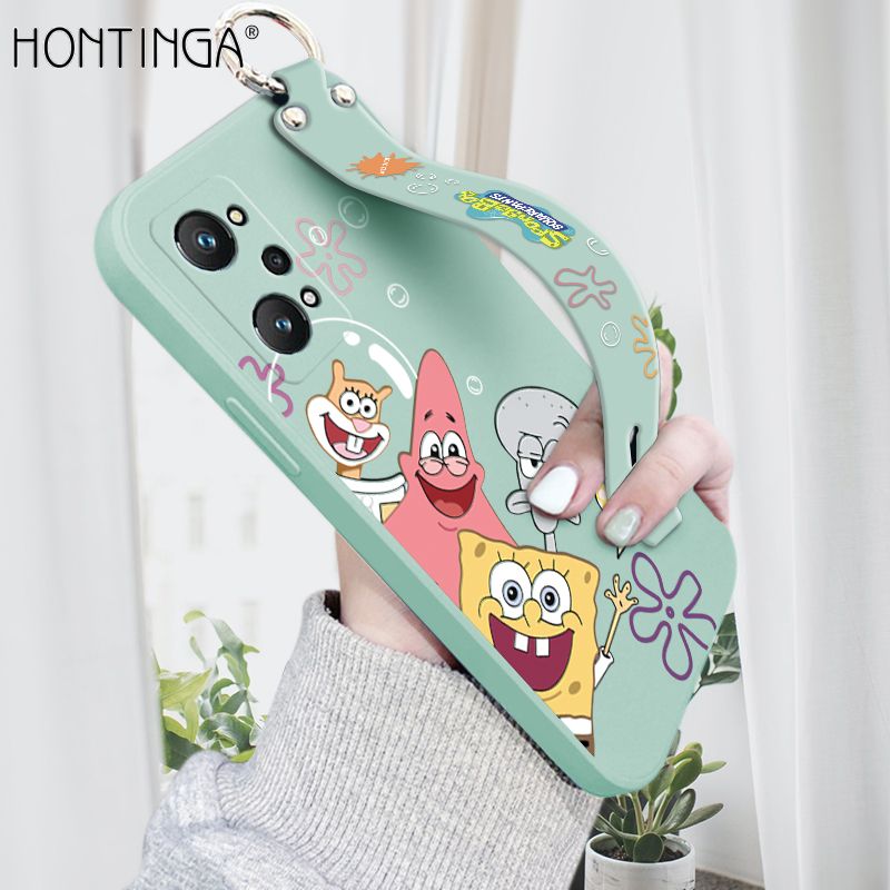 Hontinga for Realme GT Neo2 Wrist Strap Case Cute Funny Cartoon Sponge for Square Pants Cover Trend Square Printed Pattern Liquid Silicone Phone Case