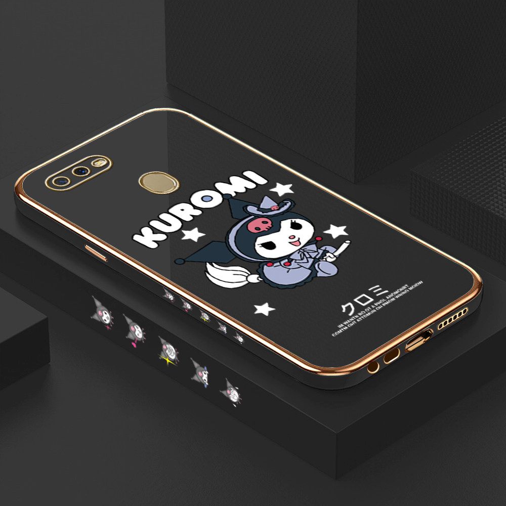 Luxury 6D Plating Soft Casing Silicone Square Frame Phone Case For OPPO A12S Case Shiny Bling Back Cover Cartoon Anime Character Cute Square Edge Pattern Design Soft Case + Free Lanyard