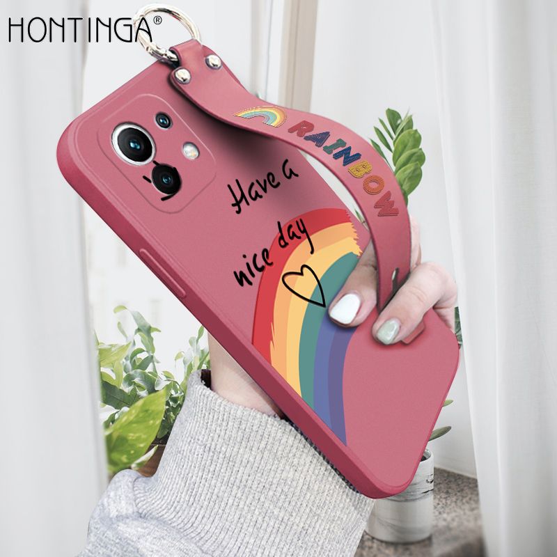 Hontinga for Xiaomi Mi 11 Wrist Strap Case Lovely Graffiti Rainbow Smile Thin Phone Cover Square Edge Liquid Silicone Creativity Phone Case