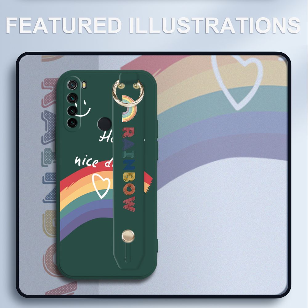UCUC for Xiaomi Redmi Note 8 Wrist Strap Case INS Style Smile Rainbow Cover Ultra Thin Anti Fall Liquid Silicone Phone Case