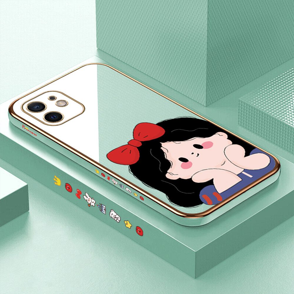 Luxury 6D Plating Soft Casing Silicone Square Frame Phone Case For iPhone 12 Mini Case Shiny Bling Back Cover Cartoon Cute Bow Girl Square Edge Pattern Design Soft Case + Free Lanyard