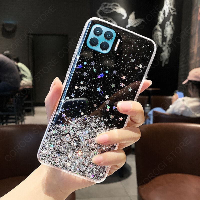 For OPPO F17 Pro Cover Fashion Shiny Glitter Starry Space Girls Slim Phone Case Clear Soft TPU Silicone Bumper Shockproof Protective Back Cover