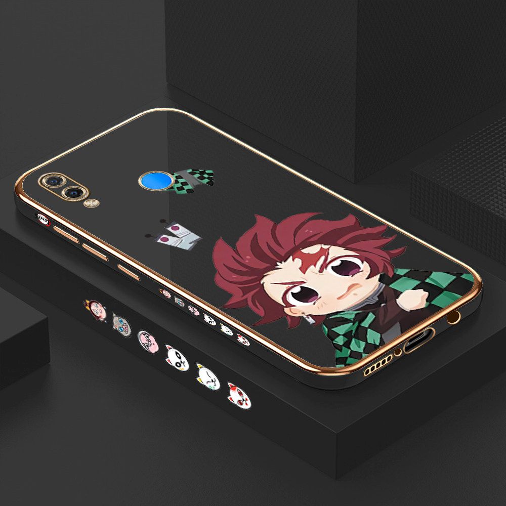 Luxury 6D Plating Case for Huawei P Smart Plus Cartoon Anime Tanjirou Side Pattern Back Cover Soft Silicone Square Frame Shiny Bling Phone Cases + Free Lanyard