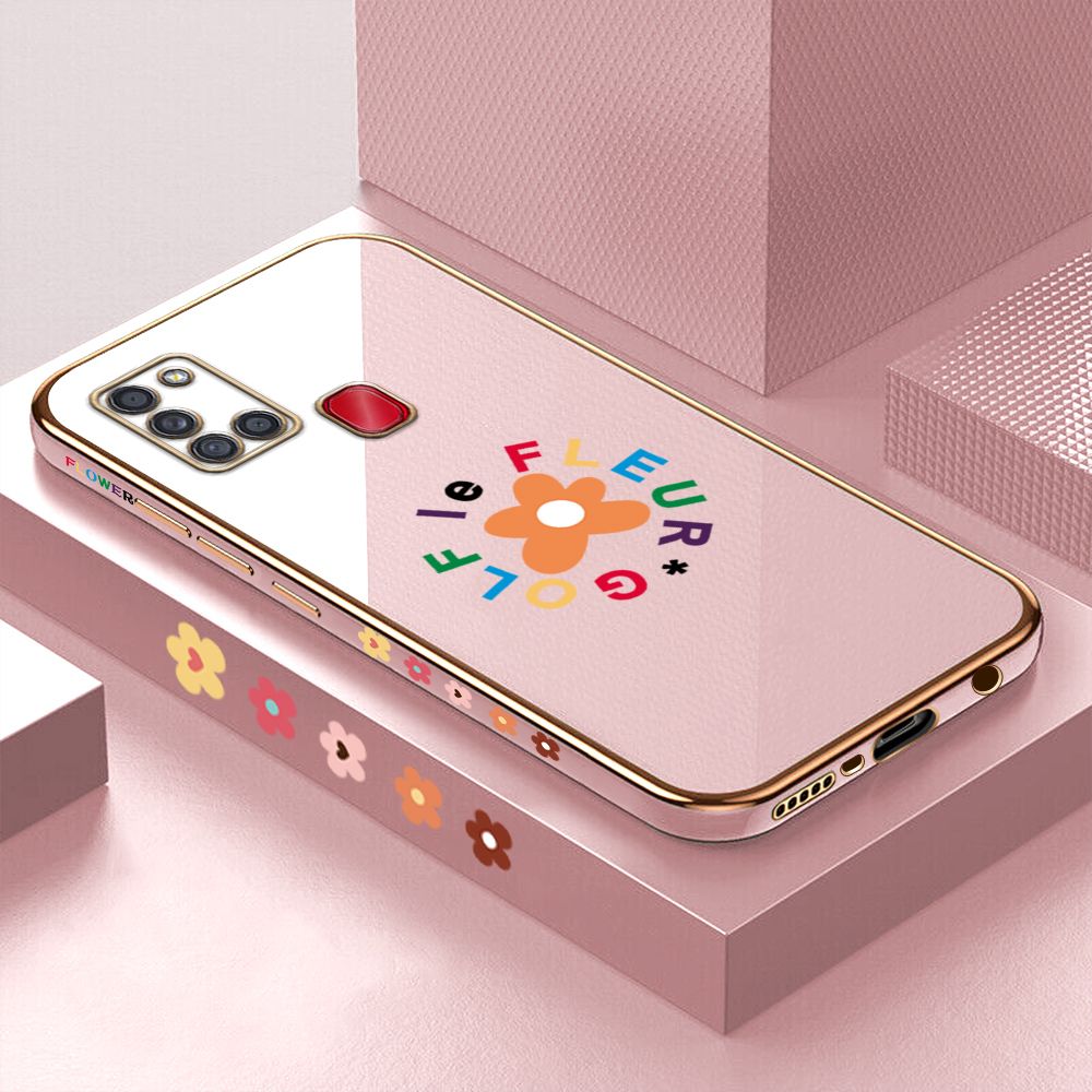 Luxury 6D Plating Case for Samsung A21S Cartoon Flower Side Pattern Back Cover Soft Silicone Square Phone Cases + Free Lanyard