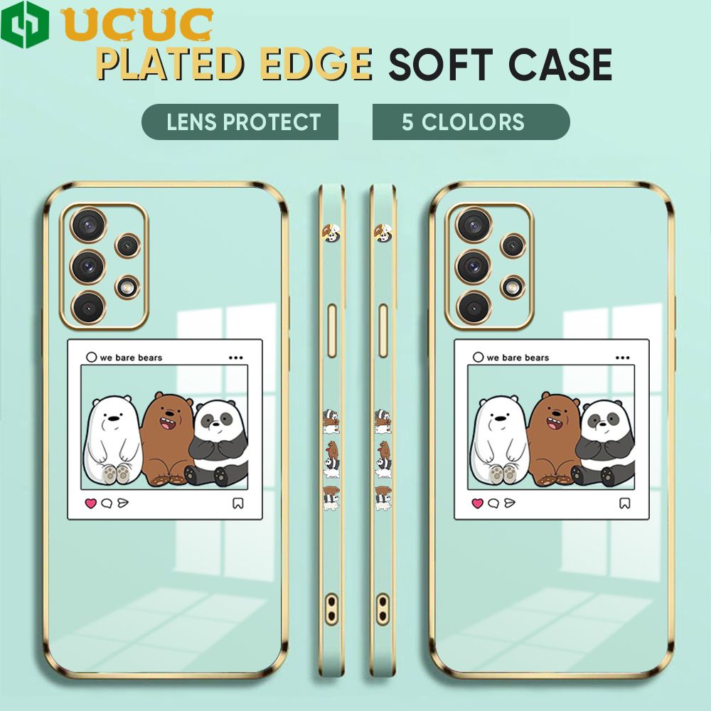 UCUC for Samsung Galaxy A32 Cover Bears Photo Luxury 6D Plating Soft Casing Silicone Square Frame Phone Case Shiny Bling Back Cover + Free Lanyard