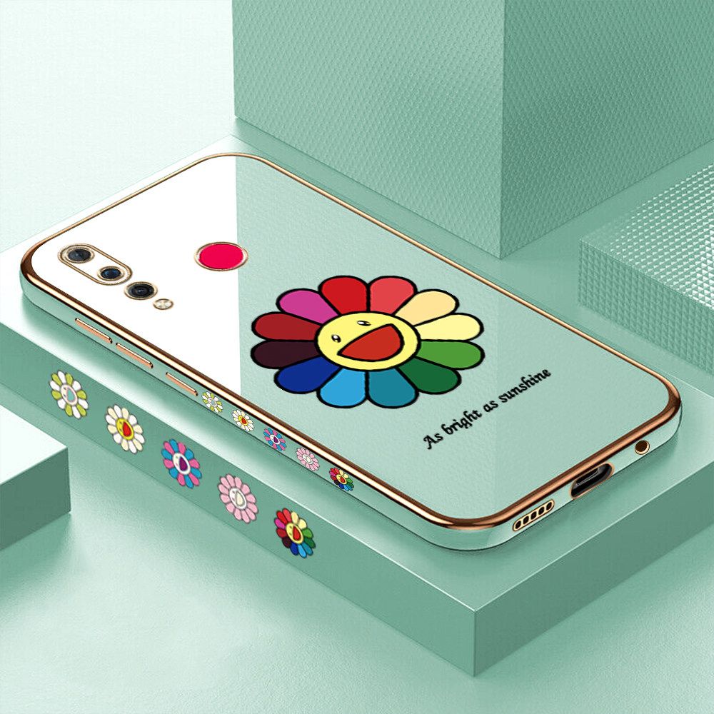 Luxury 6D Plating Case for Huawei Nova 4 Colored Sunflower Side Pattern Back Cover Soft Silicone Square Frame Shiny Bling Phone Cases + Free Lanyard
