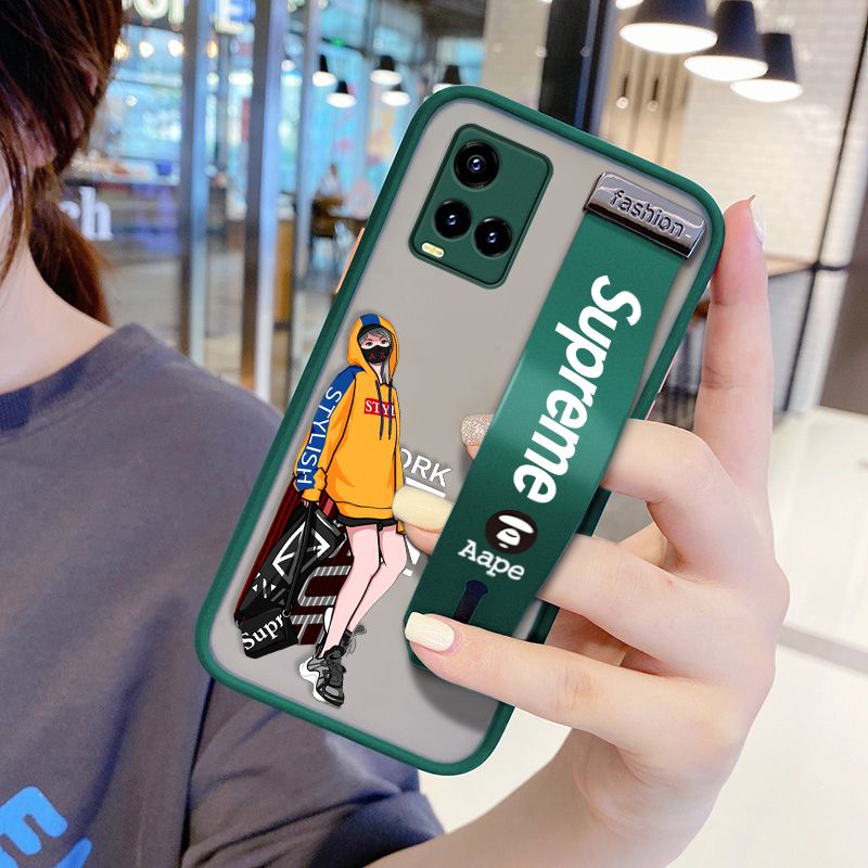 UCUC for Vivo Y21 2021 Wrist Strap Case Creative Cartoon Handsome Girl Wristband Printing Cover Shockproof Frosted Phone Case