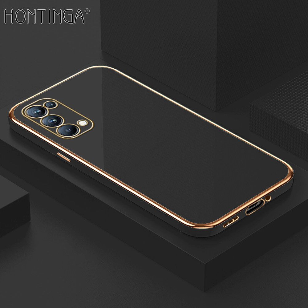 Hontinga for OPPO Reno5 Pro 5G Back Cover + Free Lanyard Luxury 6D Plating Frame Shiny Bling Case Soft Silicone Square Phone Cases