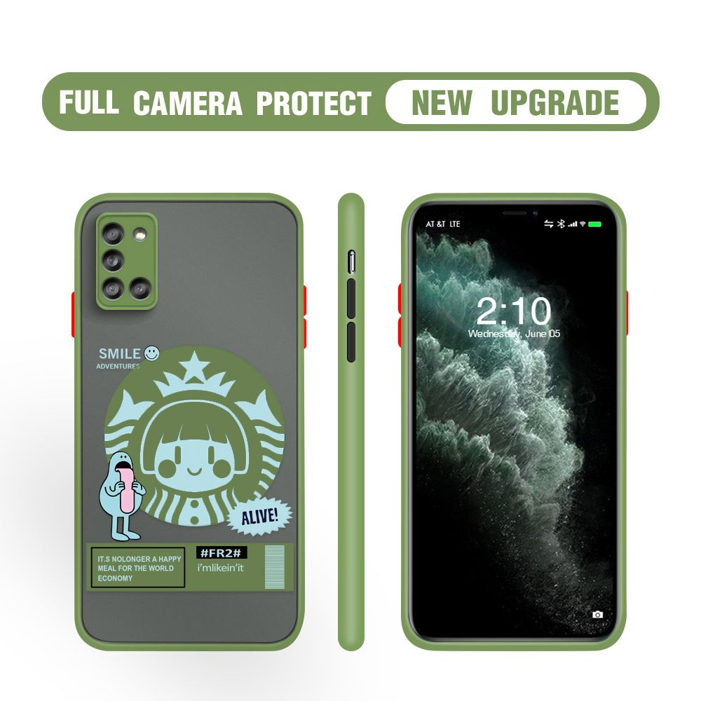 Hontinga for Samsung A31 Case Cute Coffee Girl Camera Shockproof Protection Casing Edge Frosted Transparent Phone Cover