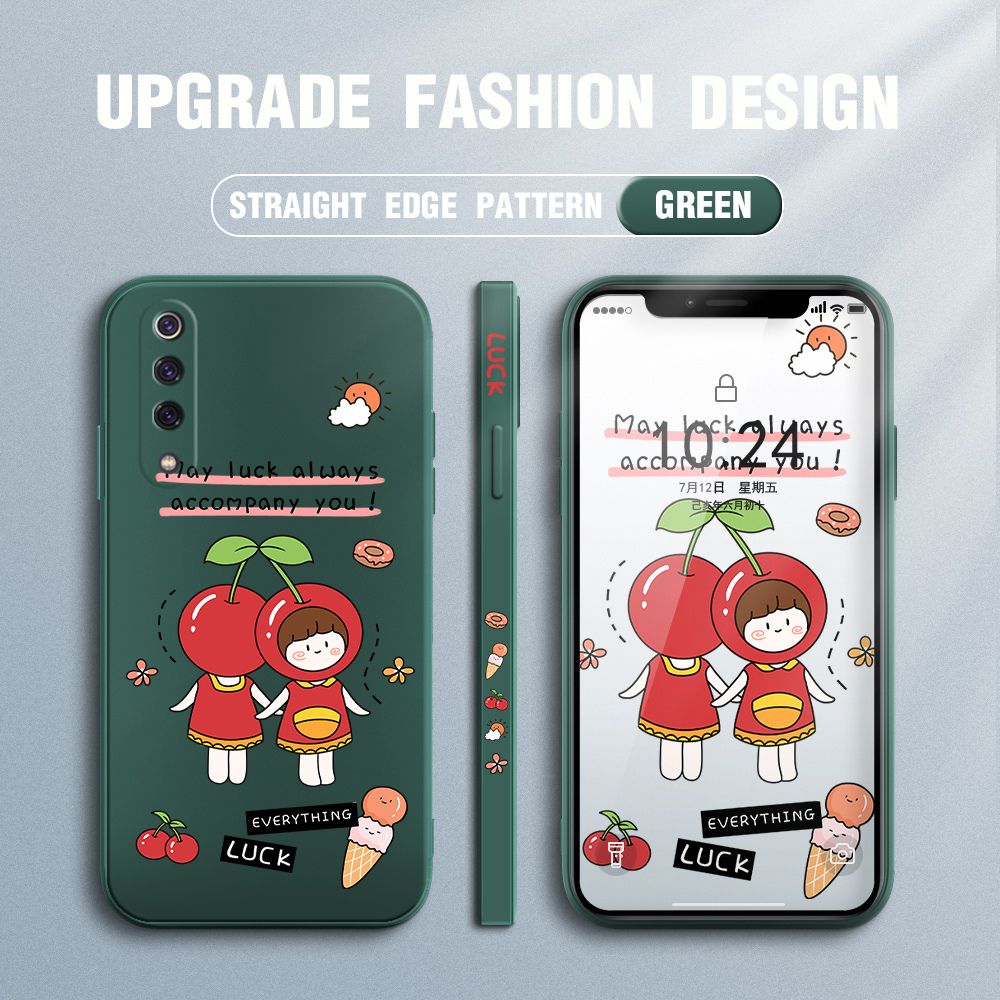 Jizetin for Xiaomi Mi 9 Case Fashion Cherry Girl Design Side Design Phone Case Square Edge Pattern Liquid Silicone Cases Full Cover Camera Shockproof Protective Case