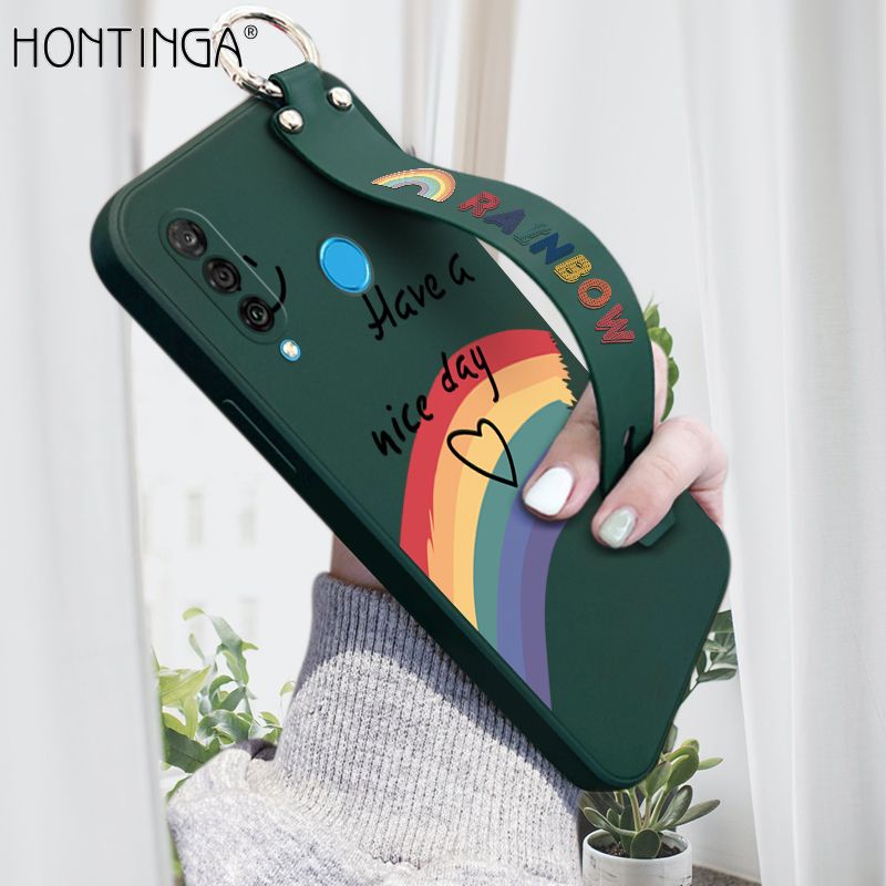Hontinga for Huawei P30 Lite / Nova 4E Wrist Strap Case Lovely Graffiti Rainbow Smile Cover Trend Square Printed Pattern Liquid Silicone Phone Case