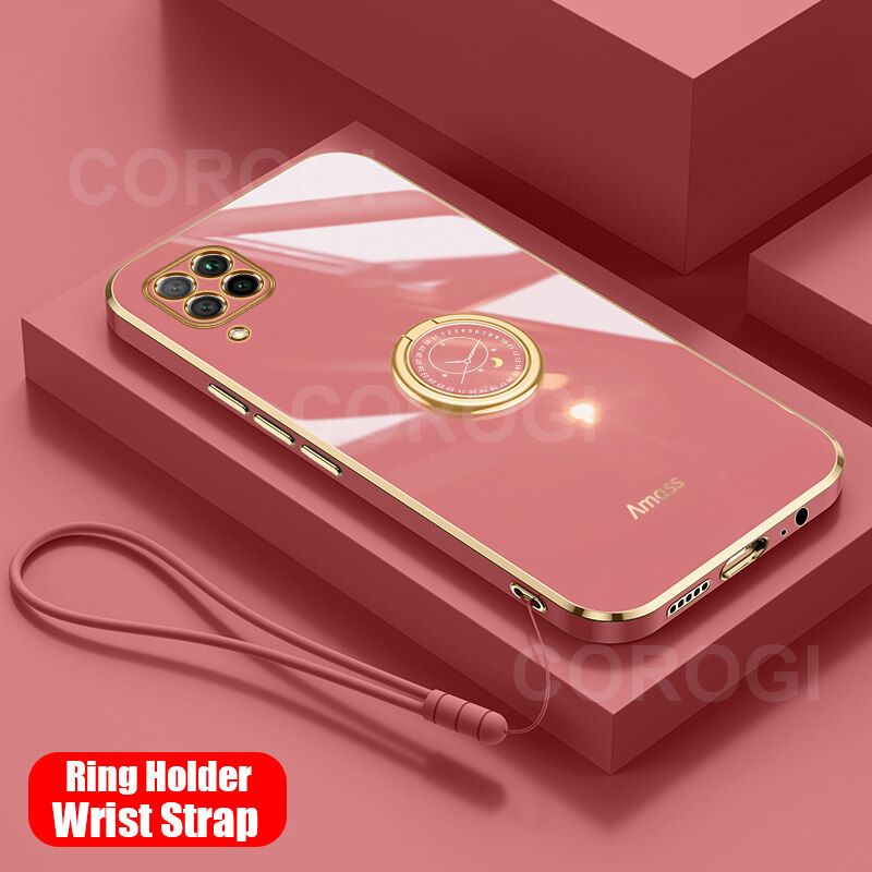 For Huawei Nova 7i Back Cover with Ring Holder Stand + Wrist Strap Shiny Plating Square Bumper Protective Case Soft Silicone Shockproof Mobile Phone Cases