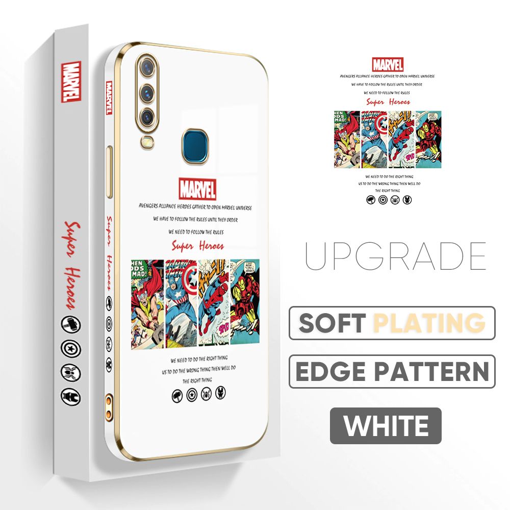 Jizetin (Free Lanyard) Vivo Y17 / Y15 / Y12 Back Cover Superhero Collection Luxury 6D Plating Case Side Pattern Soft Silicone Square Phone Cases