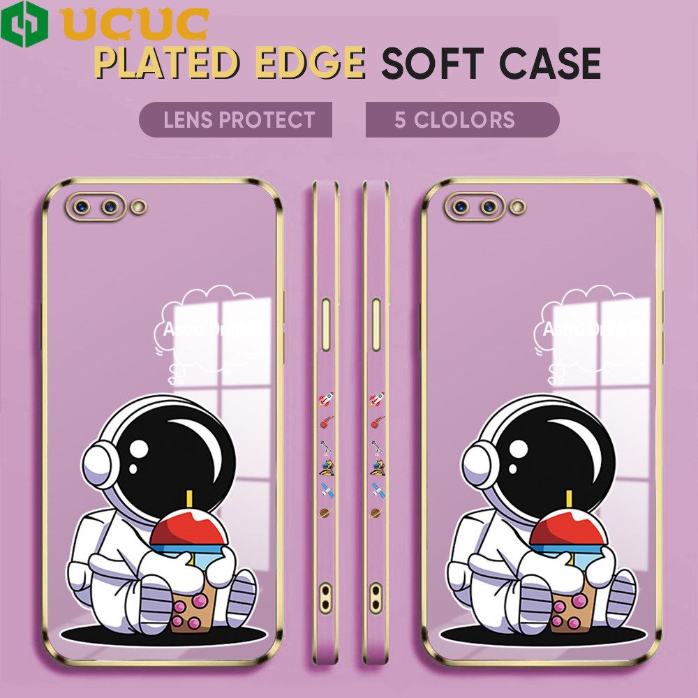 UCUC for OPPO A12E / A3S / Realme C1 Back Cover + Free Lanyard Cute Astronaut Luxury 6D Plating Case Side Pattern Soft Silicone Square Phone Cases