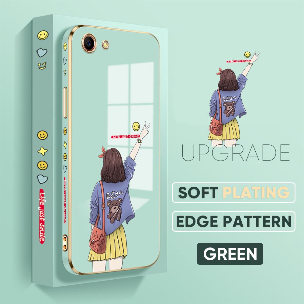 TA for OPPO A83 Back Cover + Free Lanyard Happy Girl Luxury 6D Plating Case Side Pattern Soft Silicone Square Phone Cases