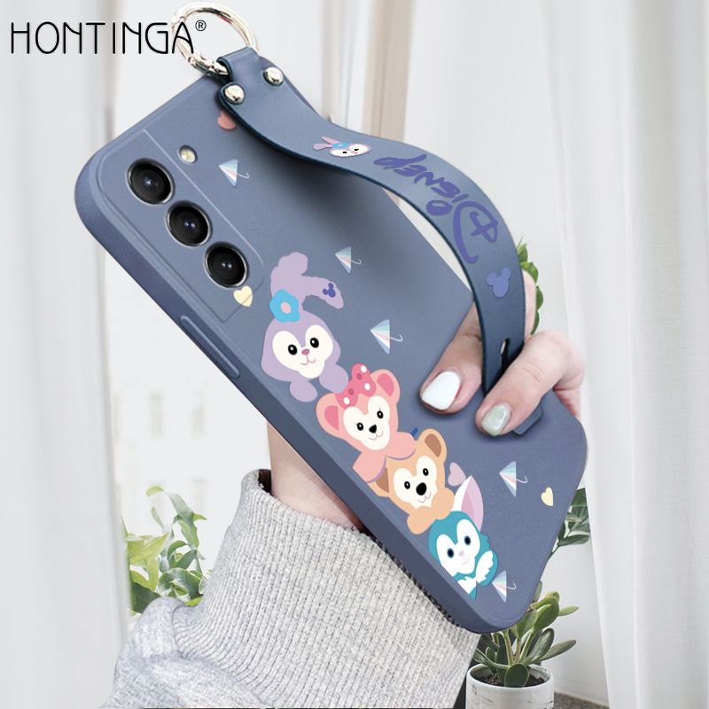 Hontinga for Samsung Galaxy S21 5G Wrist Strap Case INS Cute Style Creative Cartoon Rabbit and Fox Cover Thin Square Edge Liquid Silicone Phone Case